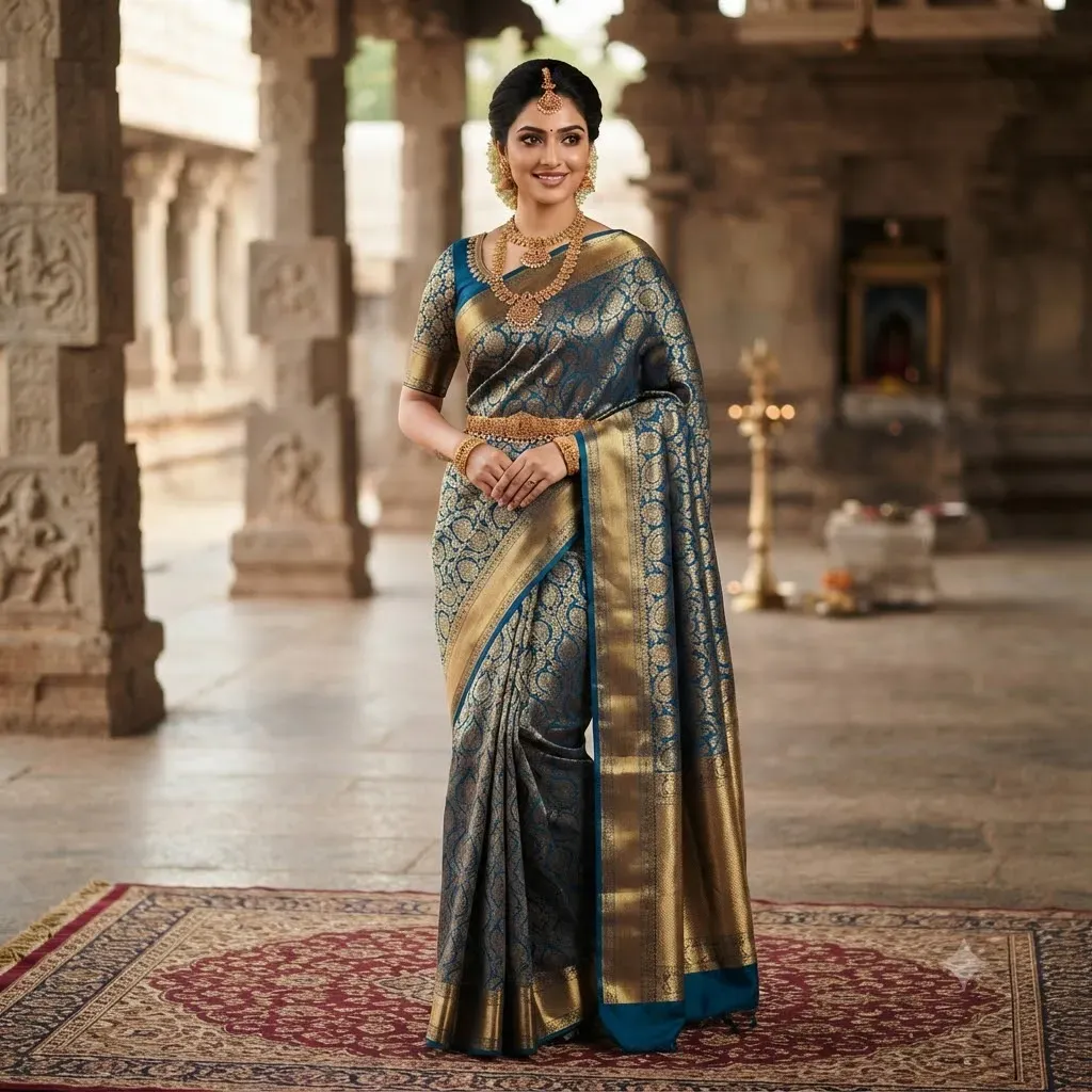 Tamirra Pure Silk Saree – Peacock Blue Zari – Tamirra Silks