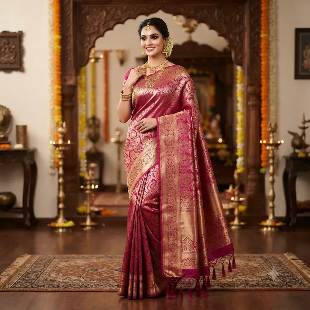 Tamirra Semi Silk Saree – Magenta Traditional Design – Tamirra Silks