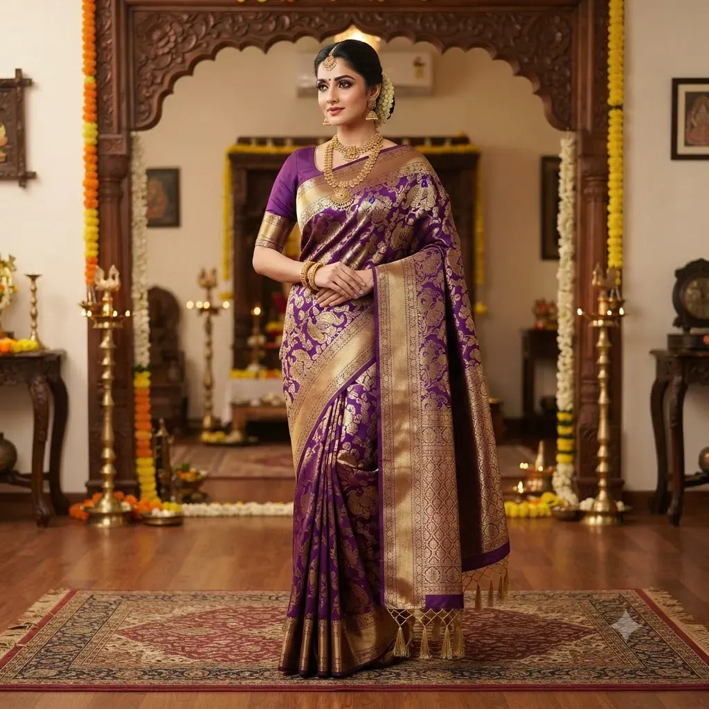 Tamirra Semi Silk Saree – Royal Purple Zari Border – Tamirra Silks