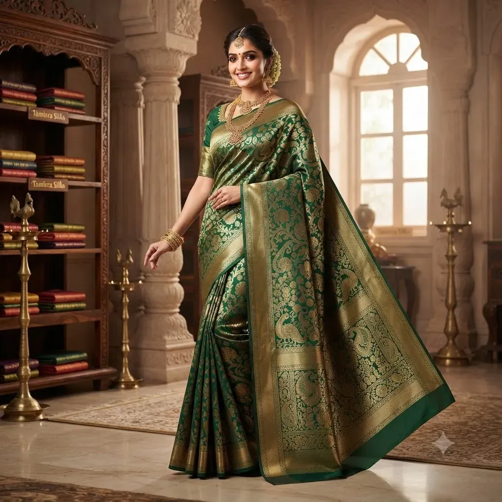 Tamirra Soft Silk Saree – Green Gold Festive Saree – Silk Saree | New Arrival | Tamirra Silks
