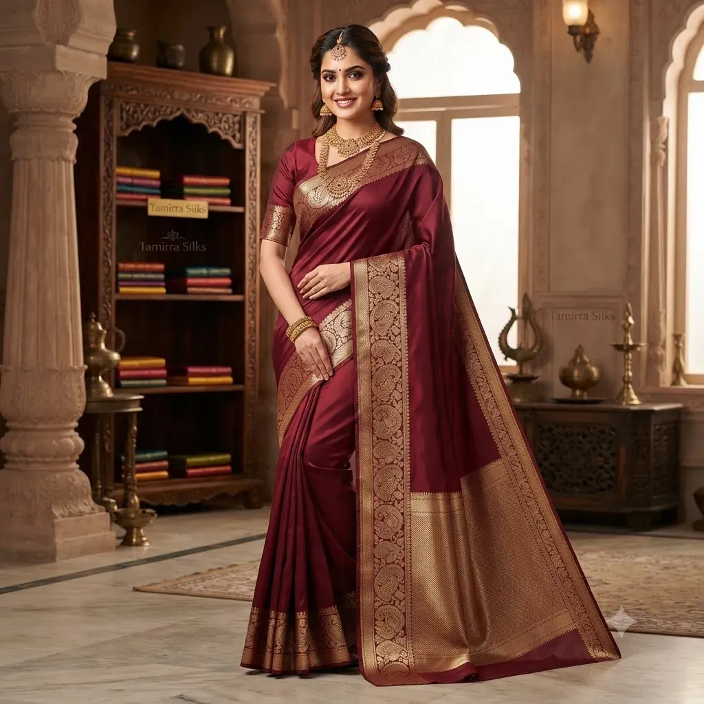 Tamirra Soft Silk Saree – Maroon Classic Border – Silk Saree | New Arrival | Tamirra Silks