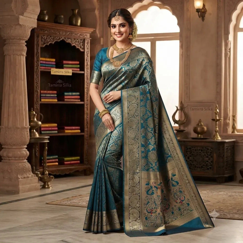 Tamirra Soft Silk Saree – Teal Blue Traditional Weave – Silk Saree | New Arrival | Tamirra Silks