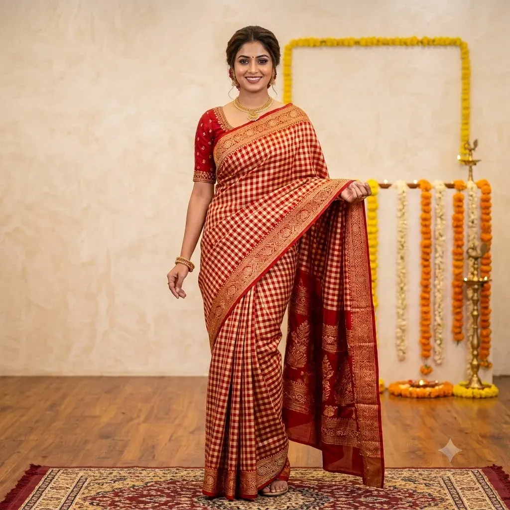 Festive Threadwork Checked Cotton Saree – Cotton Saree | Tamirra Silks