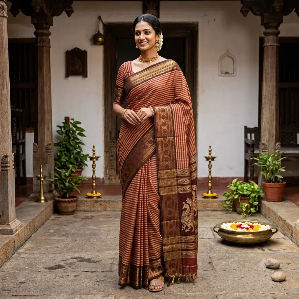 Chettinad Vintage Striped Cotton Saree – Tamirra Silks