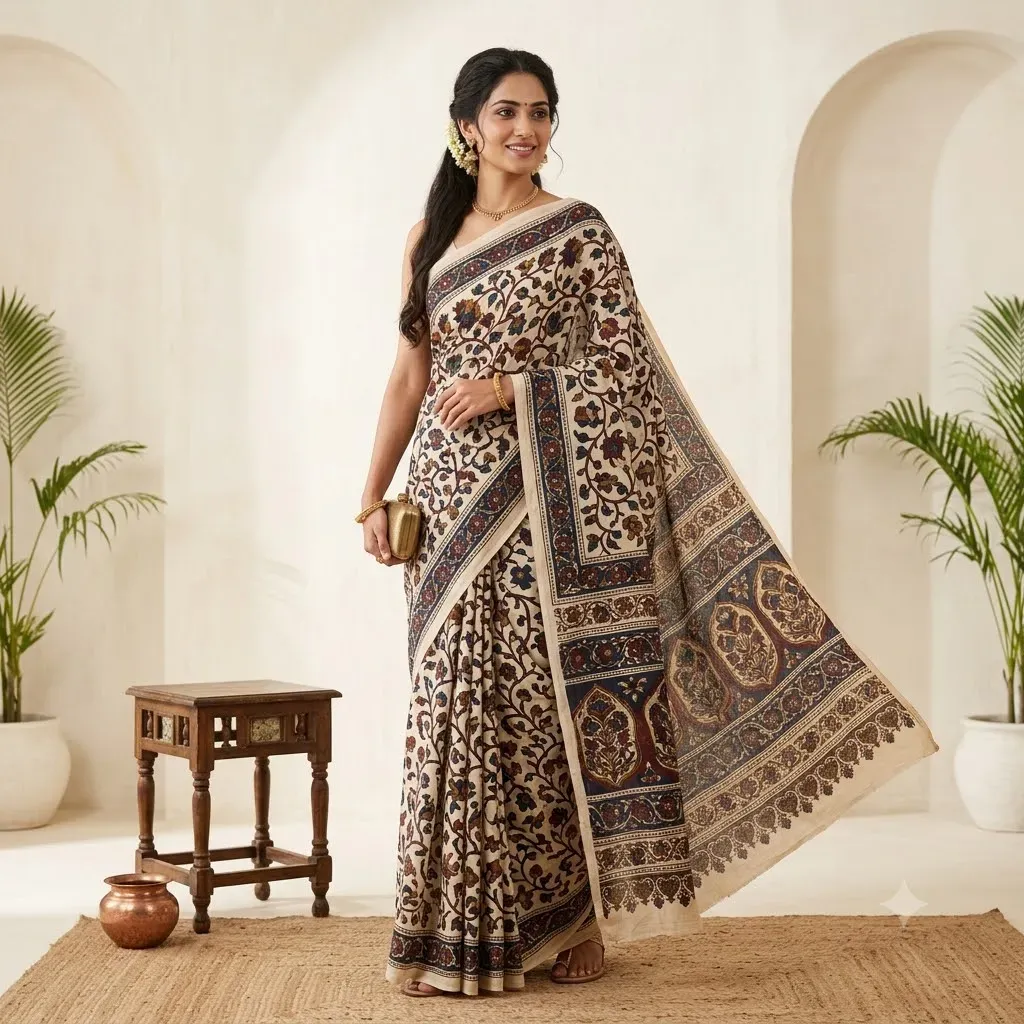 Block Printed Floral Vine Kalamkari Cotton Saree – Cotton Saree | Tamirra Silks