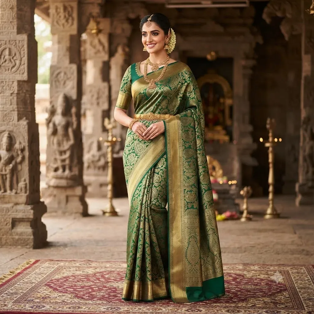 Tamirra Pure Silk Saree – Emerald Green Traditional Weave – Tamirra Silks
